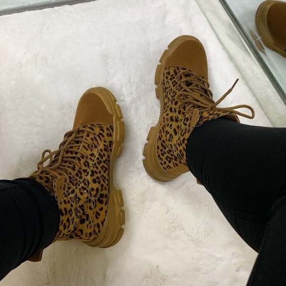 Canvas & Faux Suede Combat Boots in Leopard - Picture 3 of 8